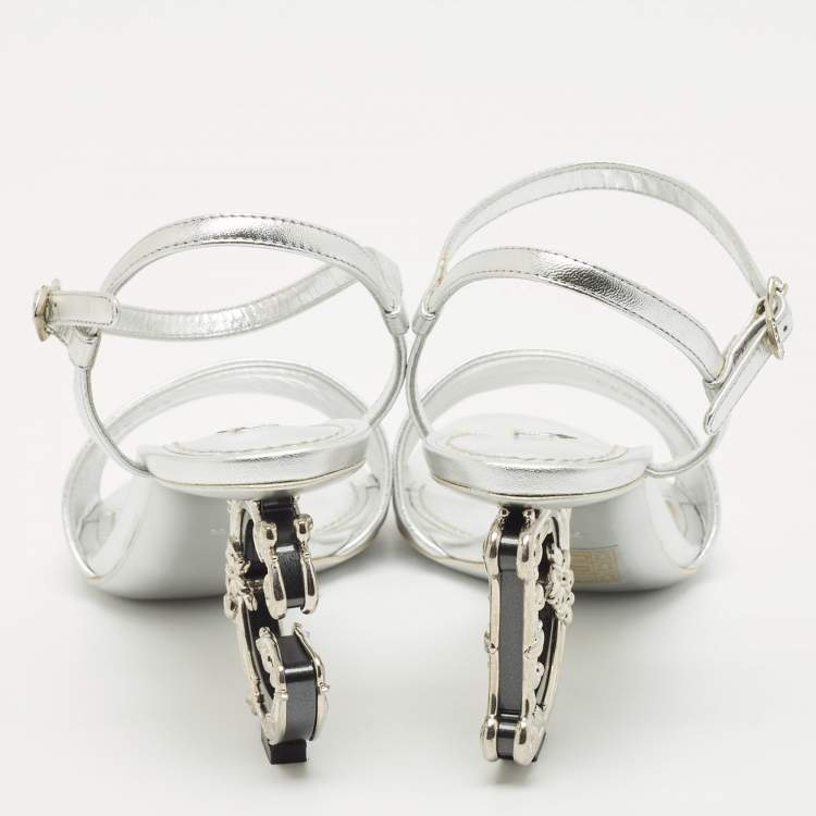 Pre Owned Dolce & Gabbana Silver Leather Keira DG Baroque Sandals Size 38