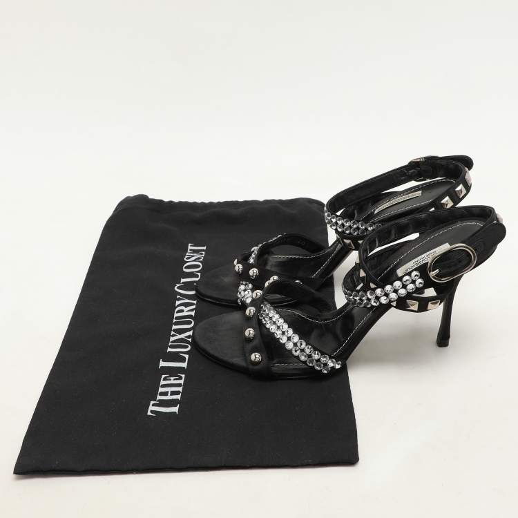 Pre Owned Dolce & Gabbana Black Satin Crystal and Studs Embellished Ankle Strap Sandals Size 40