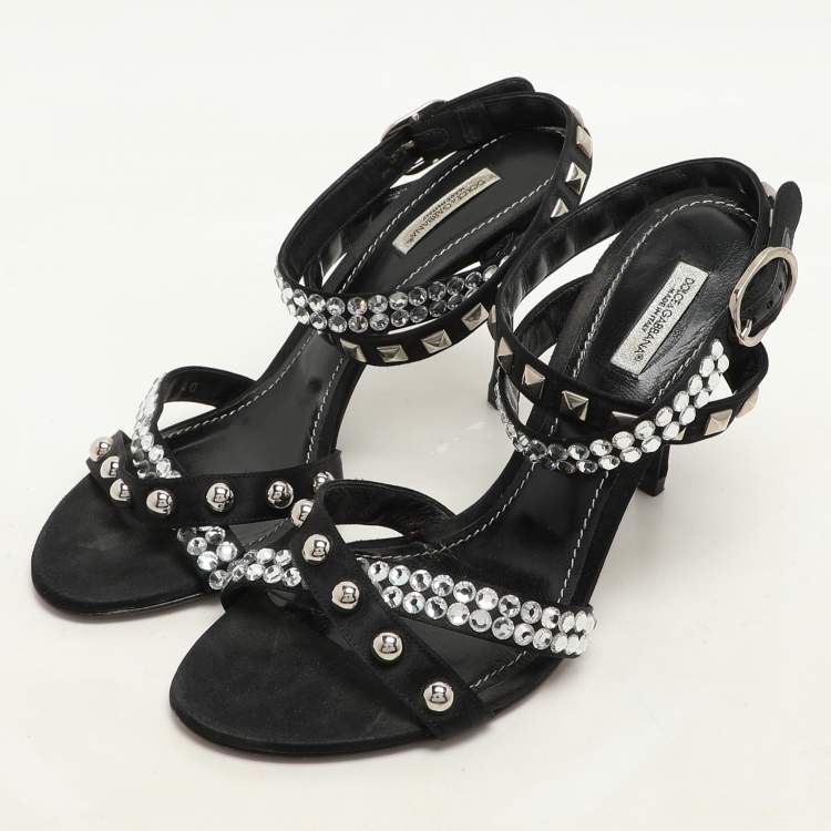 Pre Owned Dolce & Gabbana Black Satin Crystal and Studs Embellished Ankle Strap Sandals Size 40