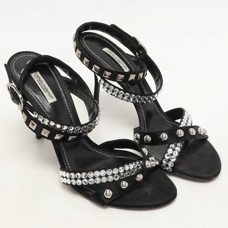 Pre Owned Dolce & Gabbana Black Satin Crystal and Studs Embellished Ankle Strap Sandals Size 40