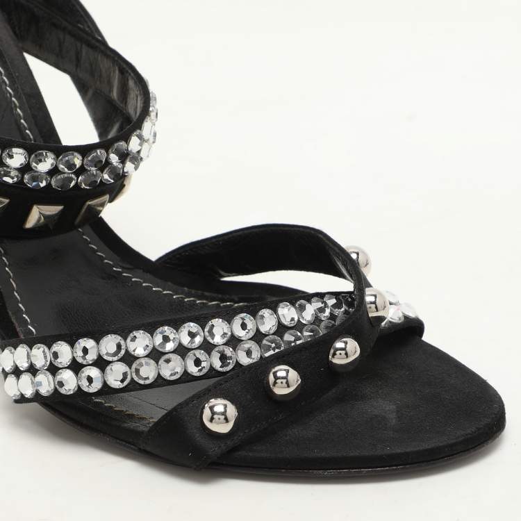 Pre Owned Dolce & Gabbana Black Satin Crystal and Studs Embellished Ankle Strap Sandals Size 40