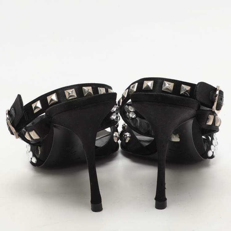 Pre Owned Dolce & Gabbana Black Satin Crystal and Studs Embellished Ankle Strap Sandals Size 40