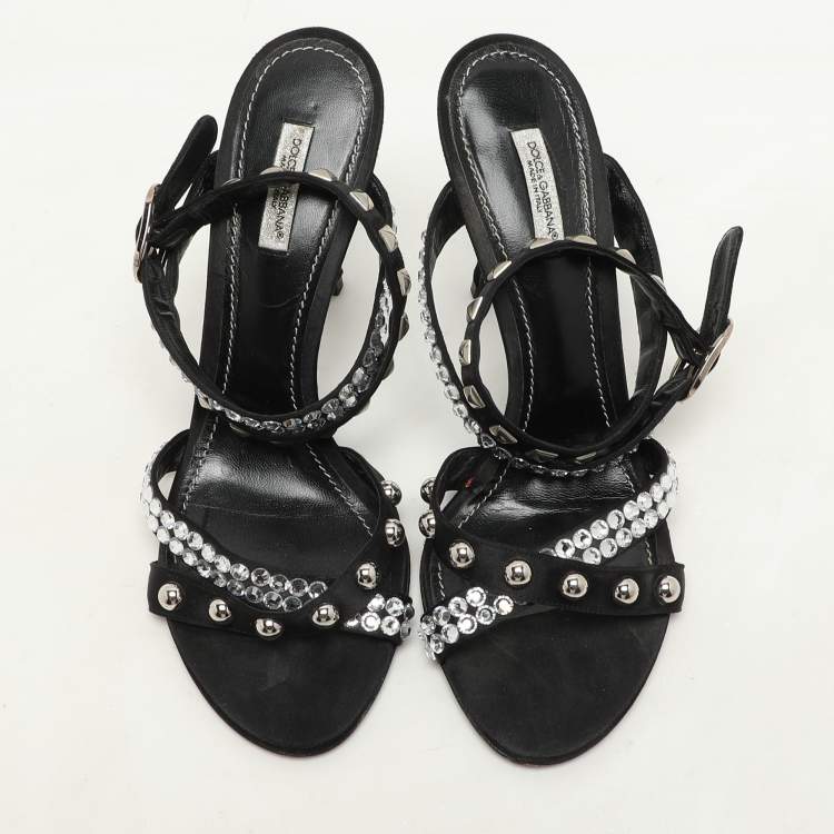 Pre Owned Dolce & Gabbana Black Satin Crystal and Studs Embellished Ankle Strap Sandals Size 40