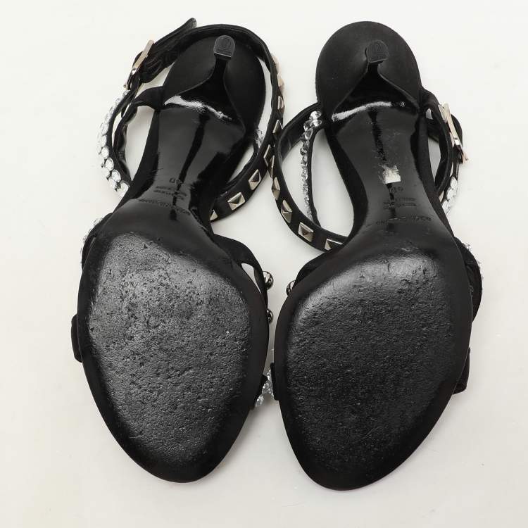 Pre Owned Dolce & Gabbana Black Satin Crystal and Studs Embellished Ankle Strap Sandals Size 40