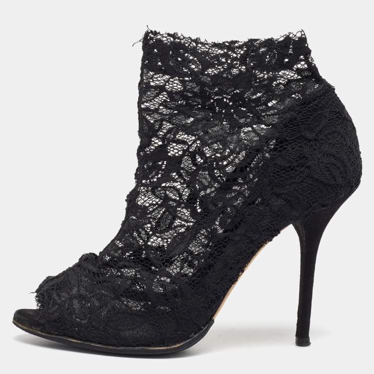 Pre Owned Dolce & Gabbana Black Lace Open Toe Ankle Boots Size 40