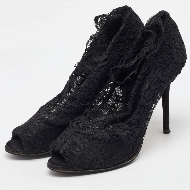Pre Owned Dolce & Gabbana Black Lace Open Toe Ankle Boots Size 40