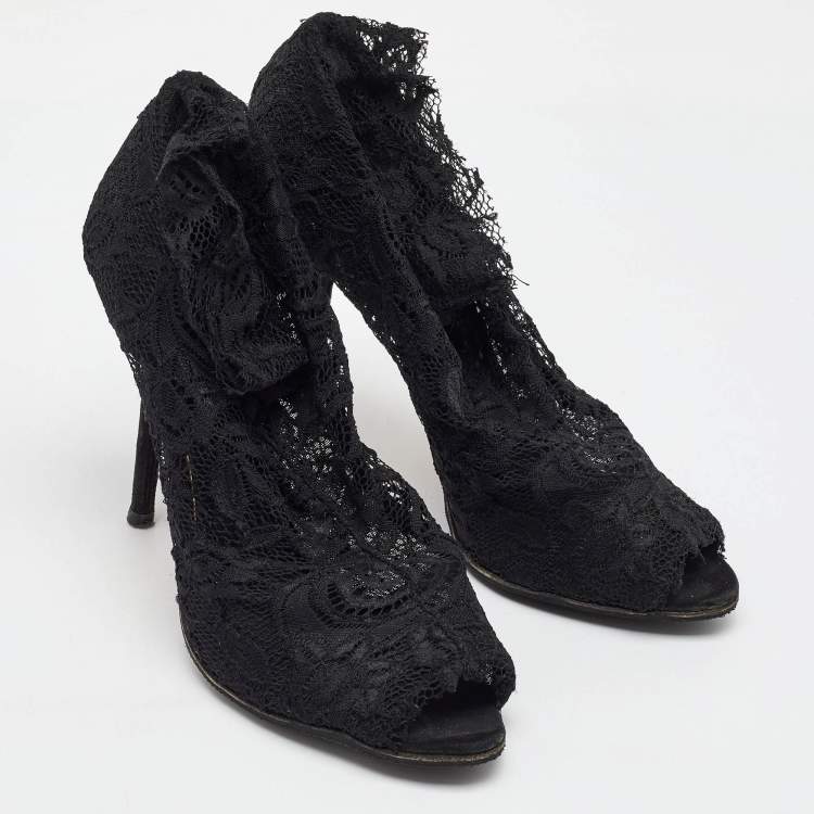 Pre Owned Dolce & Gabbana Black Lace Open Toe Ankle Boots Size 40