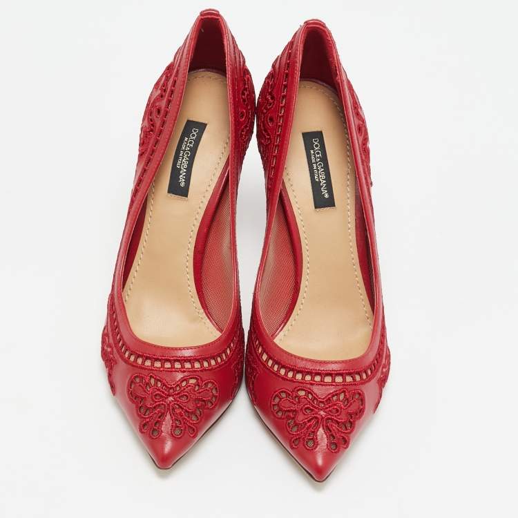 Pre Owned Dolce & Gabbana Red Leather and Lace Laser Cutout Pumps Size 36.5