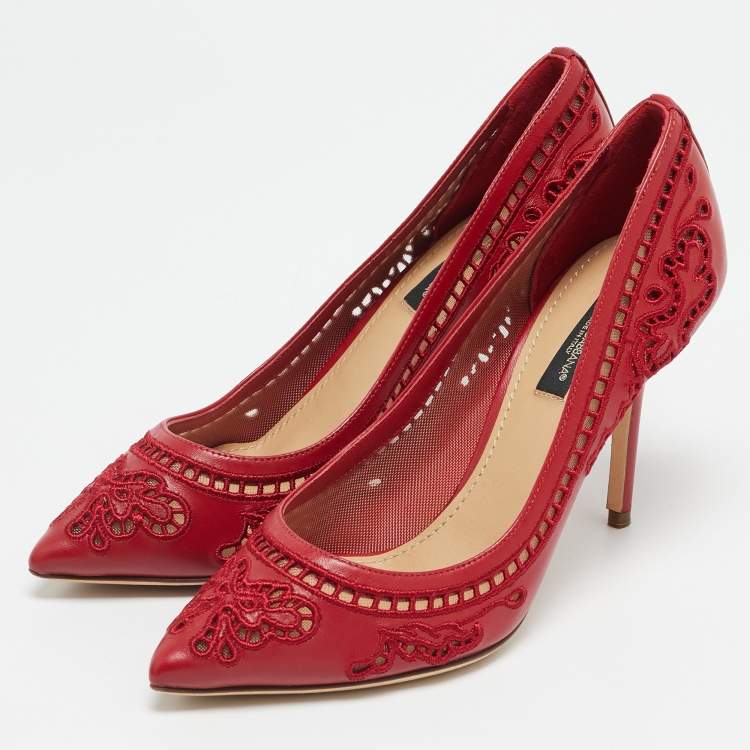 Pre Owned Dolce & Gabbana Red Leather and Lace Laser Cutout Pumps Size 36.5