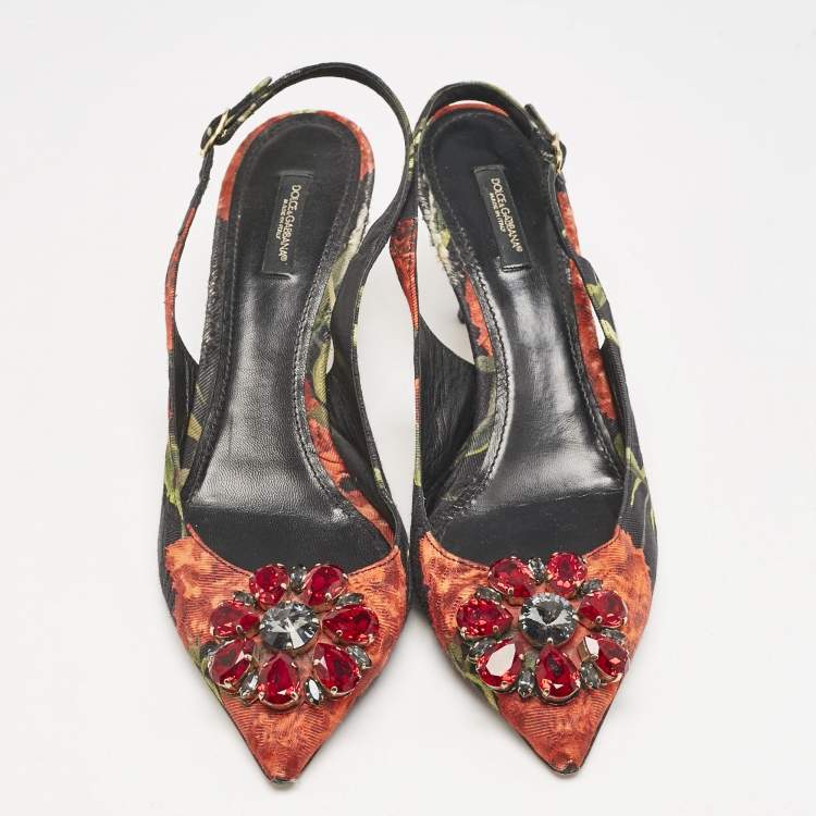 Pre Owned Dolce & Gabbana Multicolor Brocade Fabric Crystal Embellished Slingback  Pumps Size 40.5           