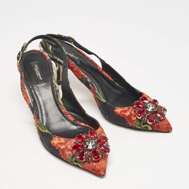 Pre Owned Dolce & Gabbana Multicolor Brocade Fabric Crystal Embellished Slingback  Pumps Size 40.5           