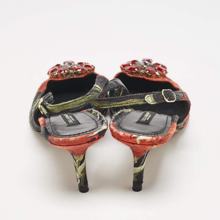 Pre Owned Dolce & Gabbana Multicolor Brocade Fabric Crystal Embellished Slingback  Pumps Size 40.5           