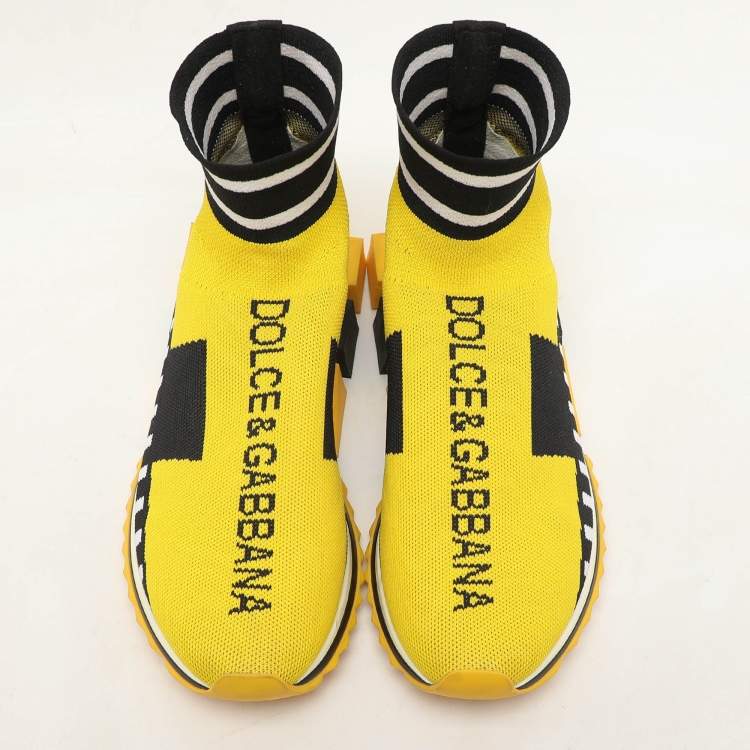 Pre Owned Dolce & Gabbana Yellow/Black Knit Fabric Logo Print Slip On Sneakers Size 40