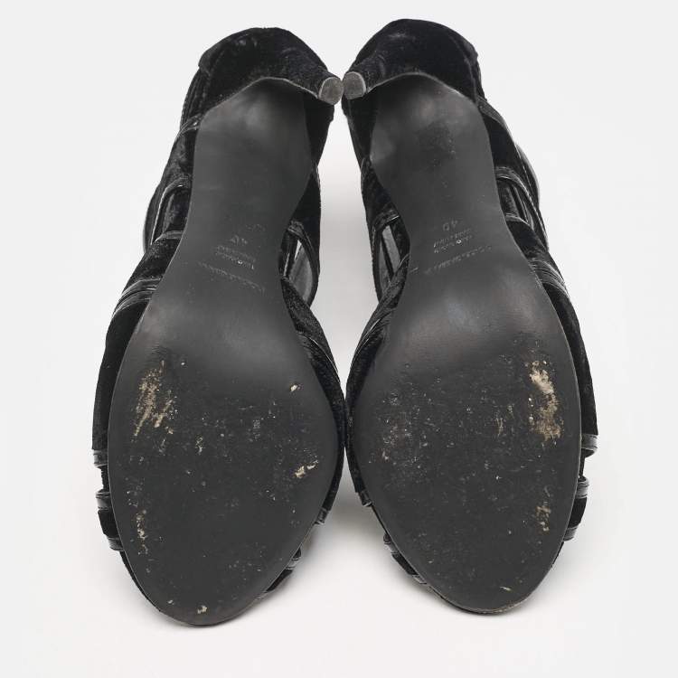 Pre Owned Dolce & Gabbana Black Leather and Velvet Cut Out Peep Toe Sandals Size 40