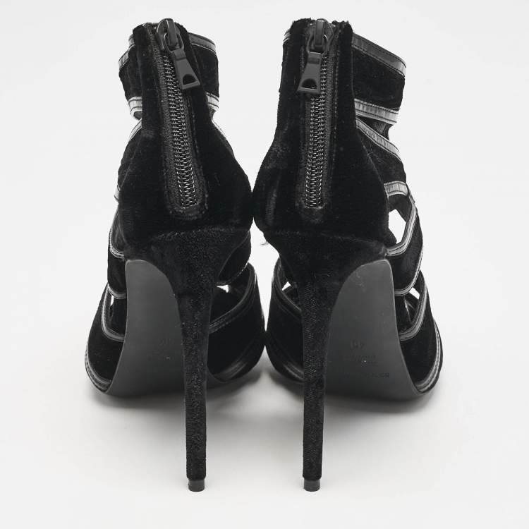 Pre Owned Dolce & Gabbana Black Leather and Velvet Cut Out Peep Toe Sandals Size 40