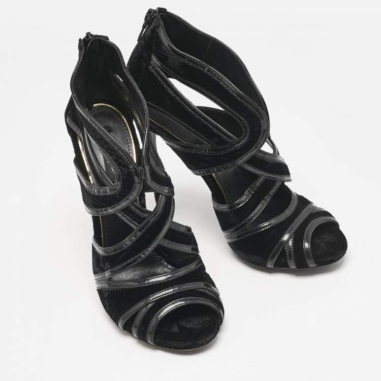 Pre Owned Dolce & Gabbana Black Leather and Velvet Cut Out Peep Toe Sandals Size 40