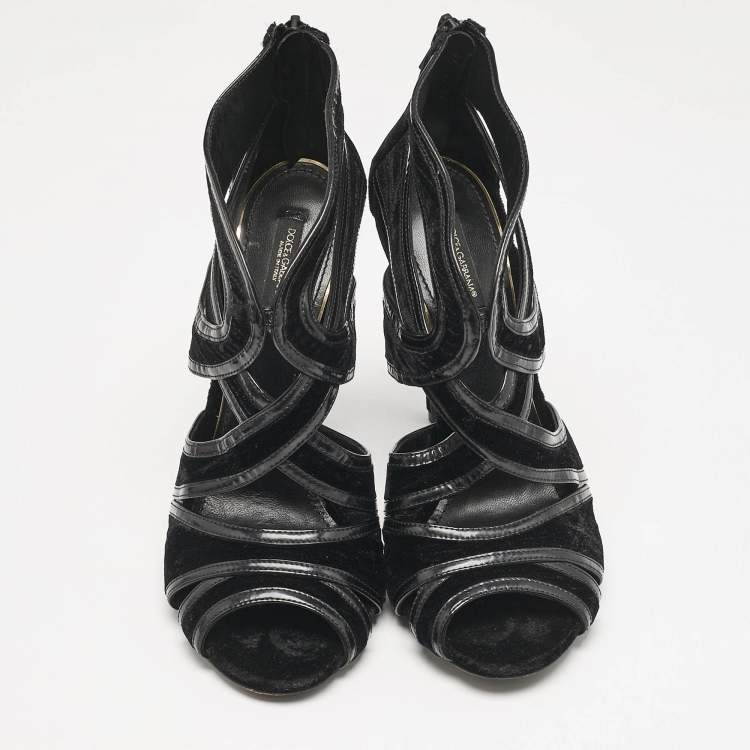 Pre Owned Dolce & Gabbana Black Leather and Velvet Cut Out Peep Toe Sandals Size 40