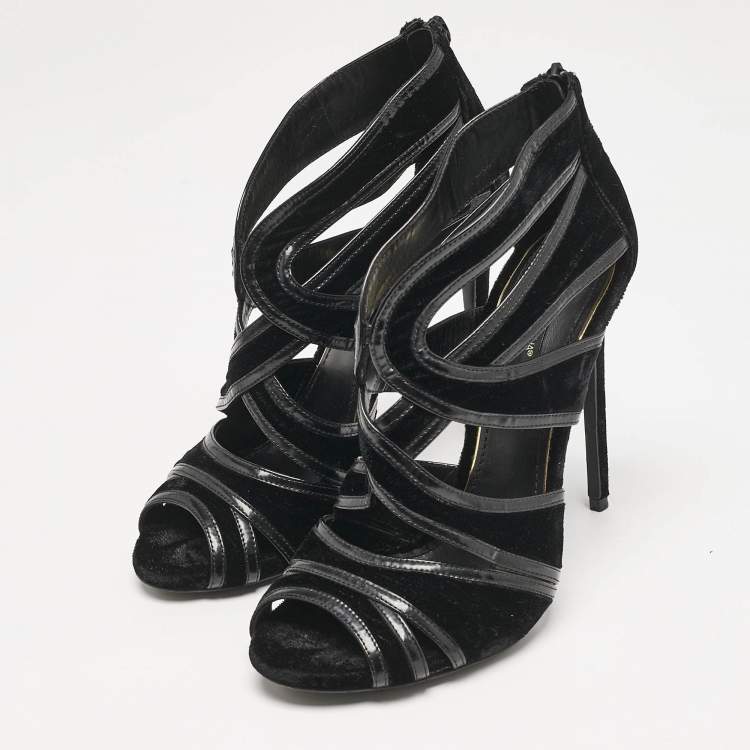 Pre Owned Dolce & Gabbana Black Leather and Velvet Cut Out Peep Toe Sandals Size 40
