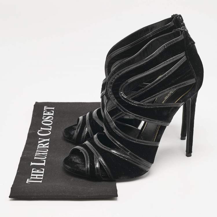 Pre Owned Dolce & Gabbana Black Leather and Velvet Cut Out Peep Toe Sandals Size 40