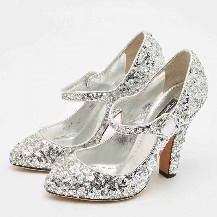 Pre Owned Dolce & Gabbana Silver Sequin Mary Jane Pumps Size 39