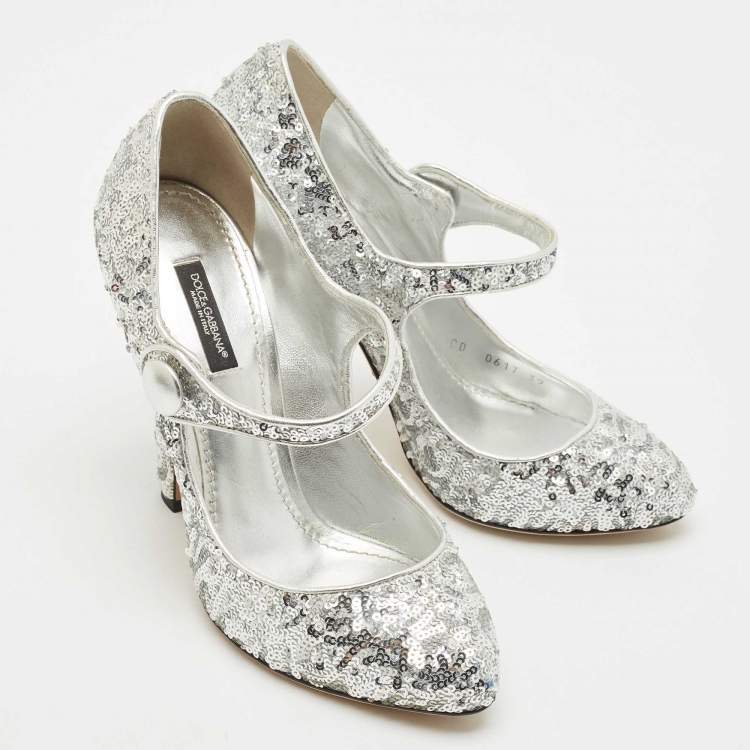 Pre Owned Dolce & Gabbana Silver Sequin Mary Jane Pumps Size 39