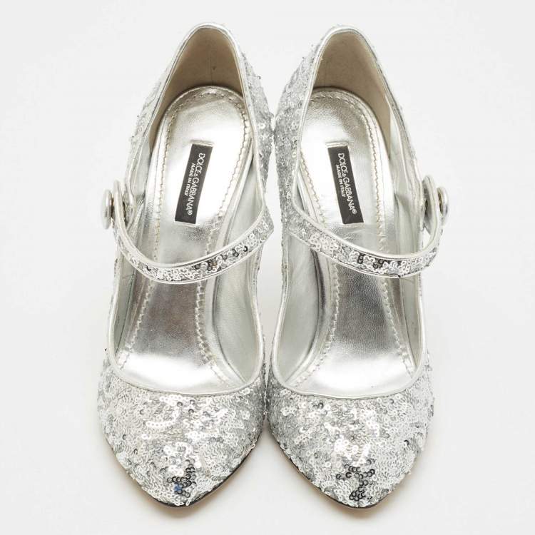 Pre Owned Dolce & Gabbana Silver Sequin Mary Jane Pumps Size 39