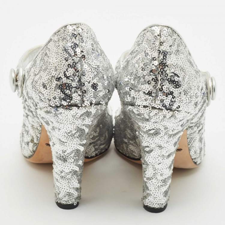 Pre Owned Dolce & Gabbana Silver Sequin Mary Jane Pumps Size 39