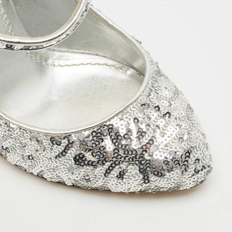 Pre Owned Dolce & Gabbana Silver Sequin Mary Jane Pumps Size 39