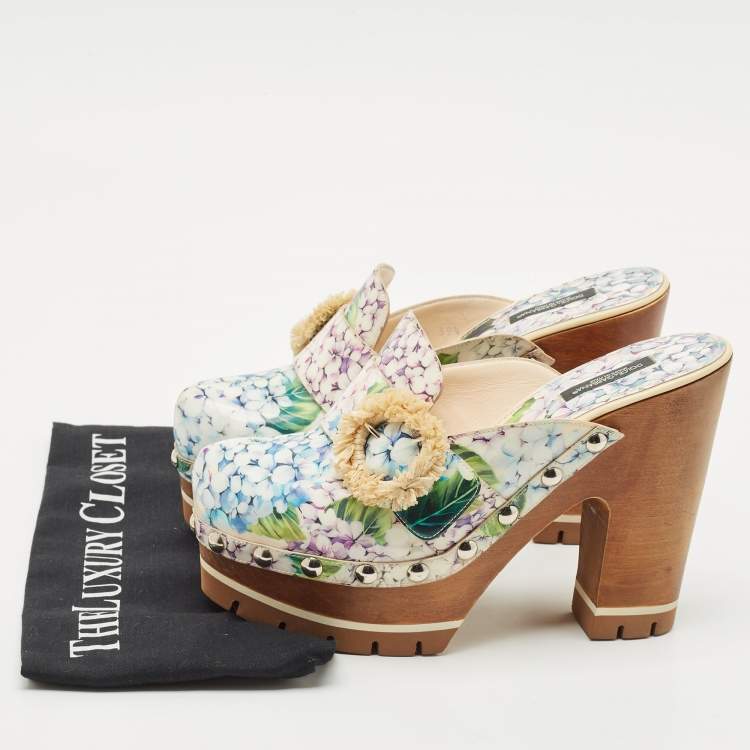 Pre Owned Dolce & Gabbana Multicolor Hydrangea Print Patent Leather Taormina Platform Clogs Size 39.5