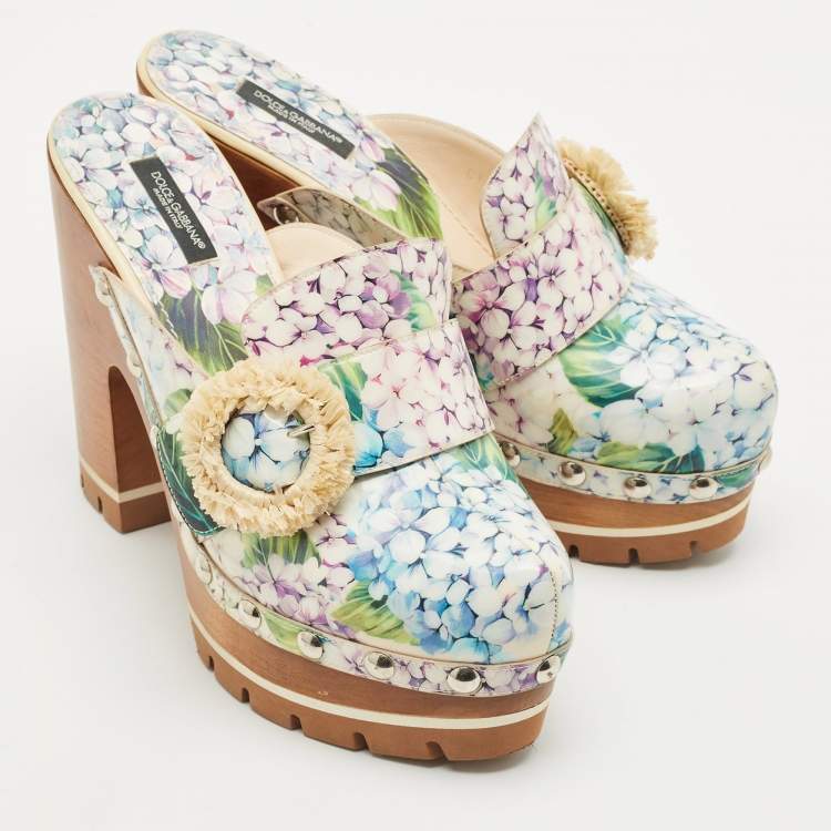 Pre Owned Dolce & Gabbana Multicolor Hydrangea Print Patent Leather Taormina Platform Clogs Size 39.5