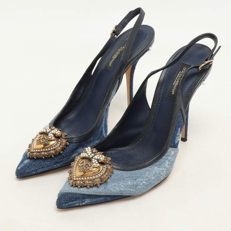 Pre Owned Dolce & Gabbana Blue Denim Devotion Slingback Pumps Size 37