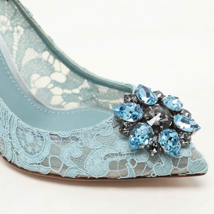 Pre Owned Dolce & Gabbana Light Blue Lace Crystal Embellished Bellucci Pumps Size 37.5