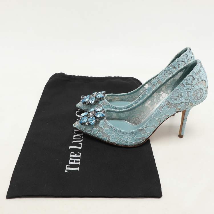 Pre Owned Dolce & Gabbana Light Blue Lace Crystal Embellished Bellucci Pumps Size 37.5