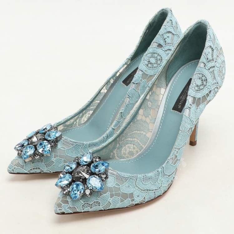 Pre Owned Dolce & Gabbana Light Blue Lace Crystal Embellished Bellucci Pumps Size 37.5
