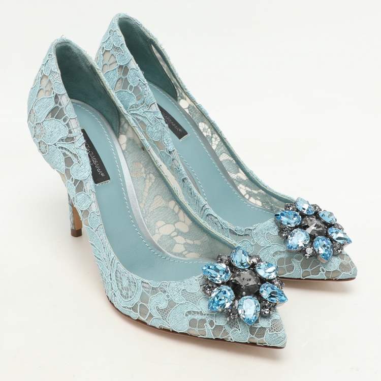 Pre Owned Dolce & Gabbana Light Blue Lace Crystal Embellished Bellucci Pumps Size 37.5