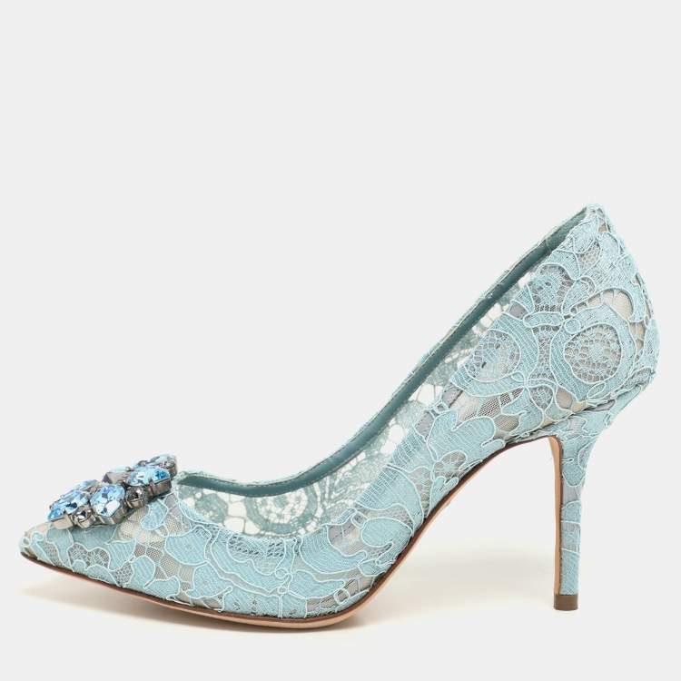 Pre Owned Dolce & Gabbana Light Blue Lace Crystal Embellished Bellucci Pumps Size 37.5