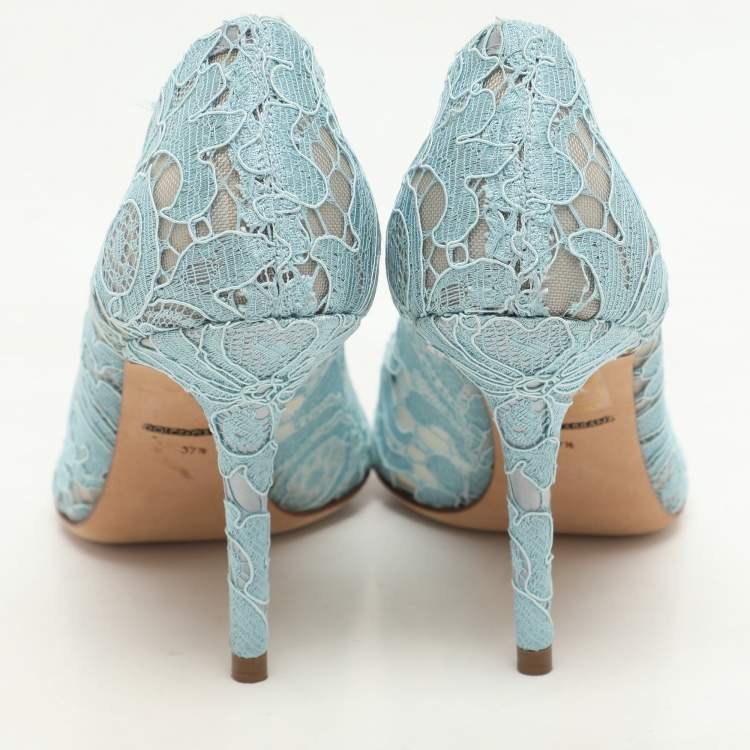 Pre Owned Dolce & Gabbana Light Blue Lace Crystal Embellished Bellucci Pumps Size 37.5