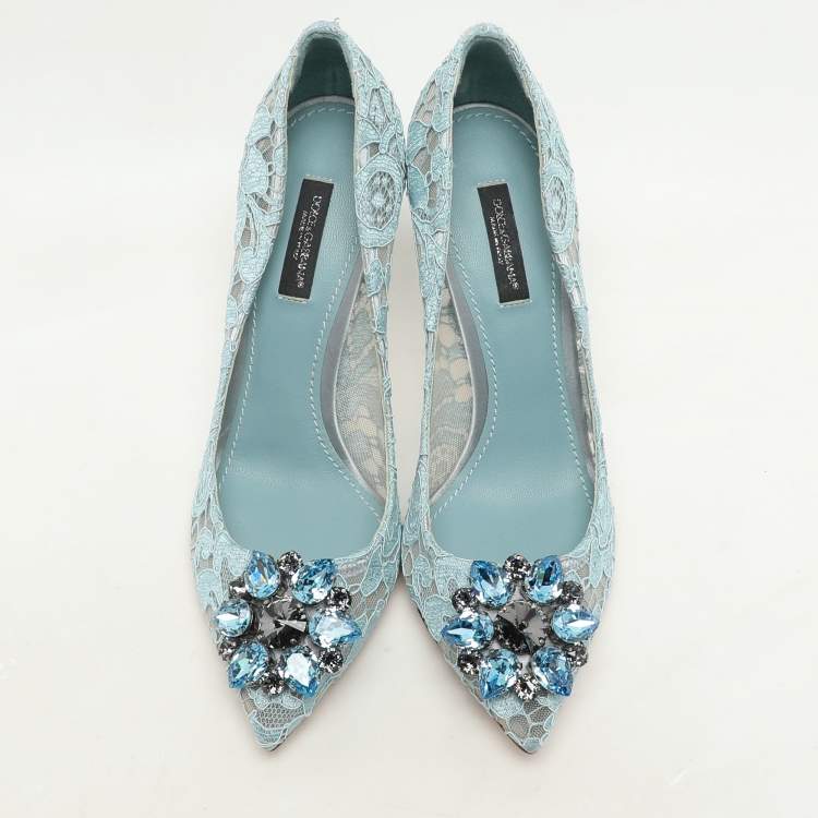 Pre Owned Dolce & Gabbana Light Blue Lace Crystal Embellished Bellucci Pumps Size 37.5