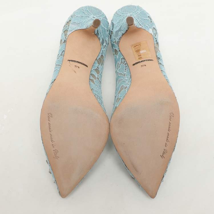 Pre Owned Dolce & Gabbana Light Blue Lace Crystal Embellished Bellucci Pumps Size 37.5