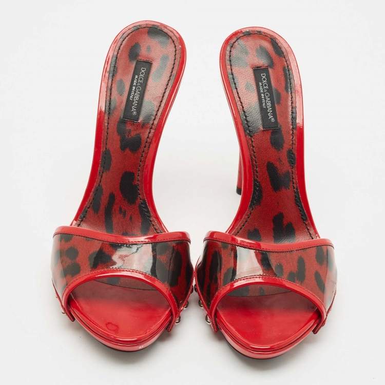 Pre Owned Dolce & Gabbana Red/Black Leopard Print Patent Leather Slide Sandals Size 39