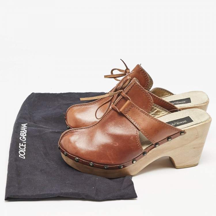 Pre Owned Dolce & Gabbana Brown Leather Bow Wooden Clogs Size 39