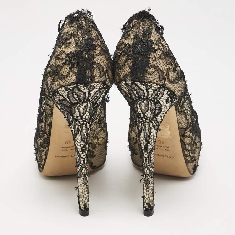 Pre Owned Dolce & Gabbana Black/Beige Lace and Satin Peep Toe Platform Pumps Size 40