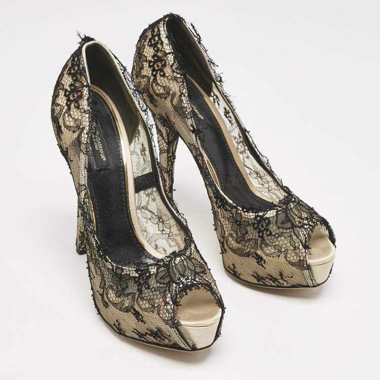 Pre Owned Dolce & Gabbana Black/Beige Lace and Satin Peep Toe Platform Pumps Size 40