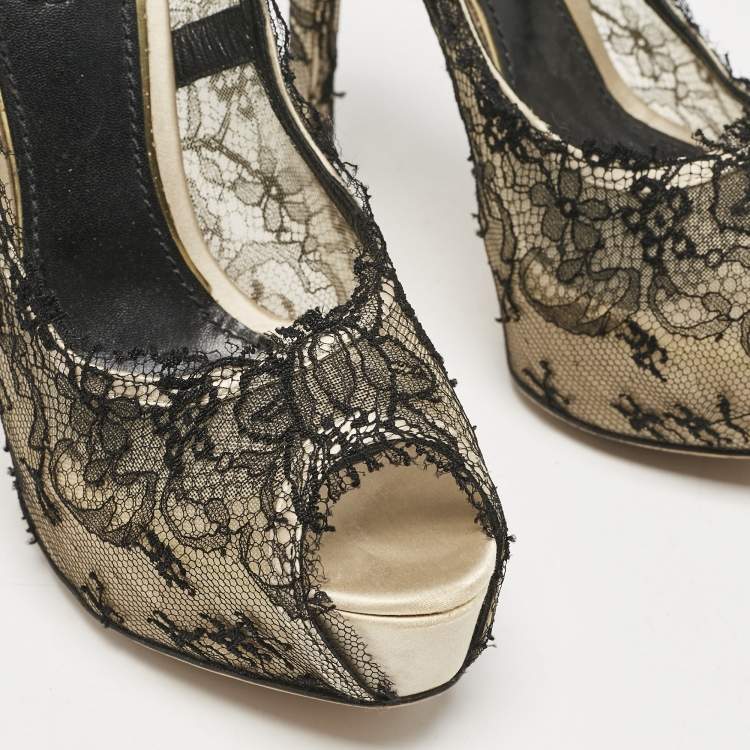 Pre Owned Dolce & Gabbana Black/Beige Lace and Satin Peep Toe Platform Pumps Size 40
