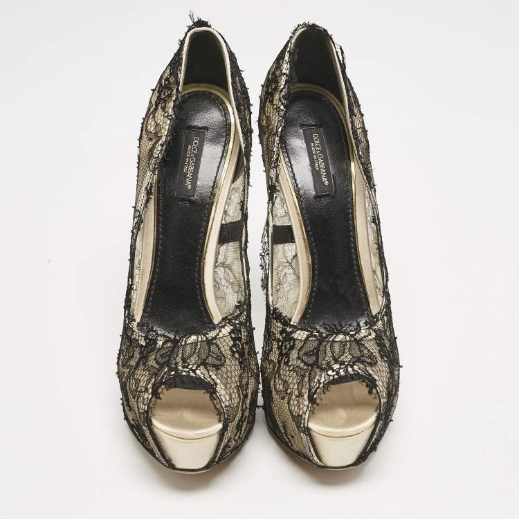 Pre Owned Dolce & Gabbana Black/Beige Lace and Satin Peep Toe Platform Pumps Size 40