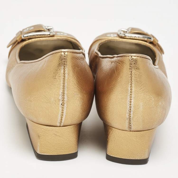 Pre Owned Dolce & Gabbana Metallic Gold Leather Block Heel Pumps Size 39