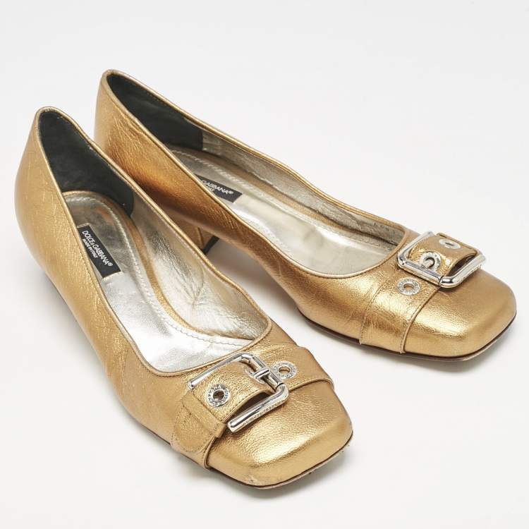 Pre Owned Dolce & Gabbana Metallic Gold Leather Block Heel Pumps Size 39