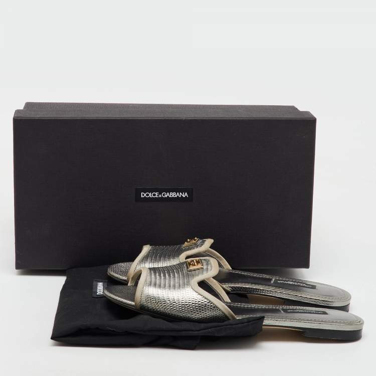 Pre Owned Dolce & Gabbana Silver Iguana Laminated Leather Flat Slide Sandals Size 36.5