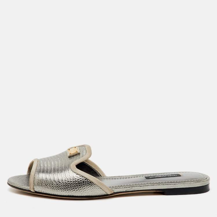 Pre Owned Dolce & Gabbana Silver Iguana Laminated Leather Flat Slide Sandals Size 36.5
