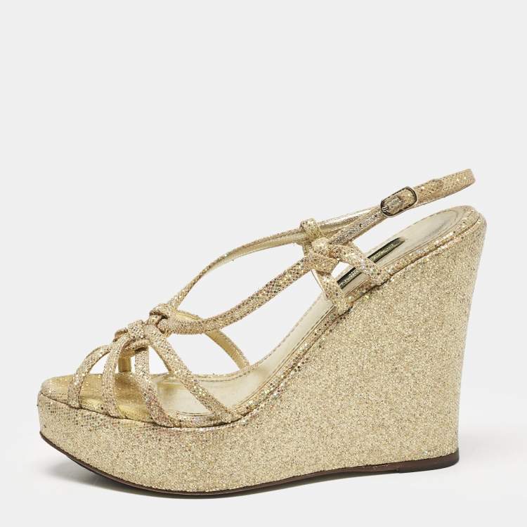 Pre Owned Dolce & Gabbana Gold Glitter and Canvas Wedge Sandals Size 36